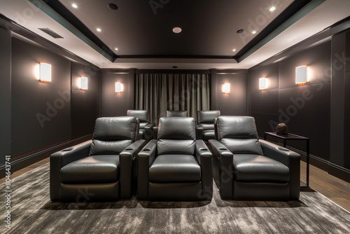 A sleek home theater with leather recliners  a giant screen  and surround sound speakers  perfect for movie nights with friends and family.