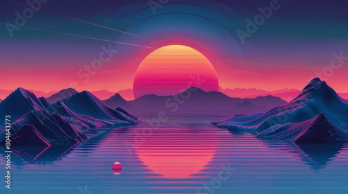 Surreal neon sunset over digital landscape