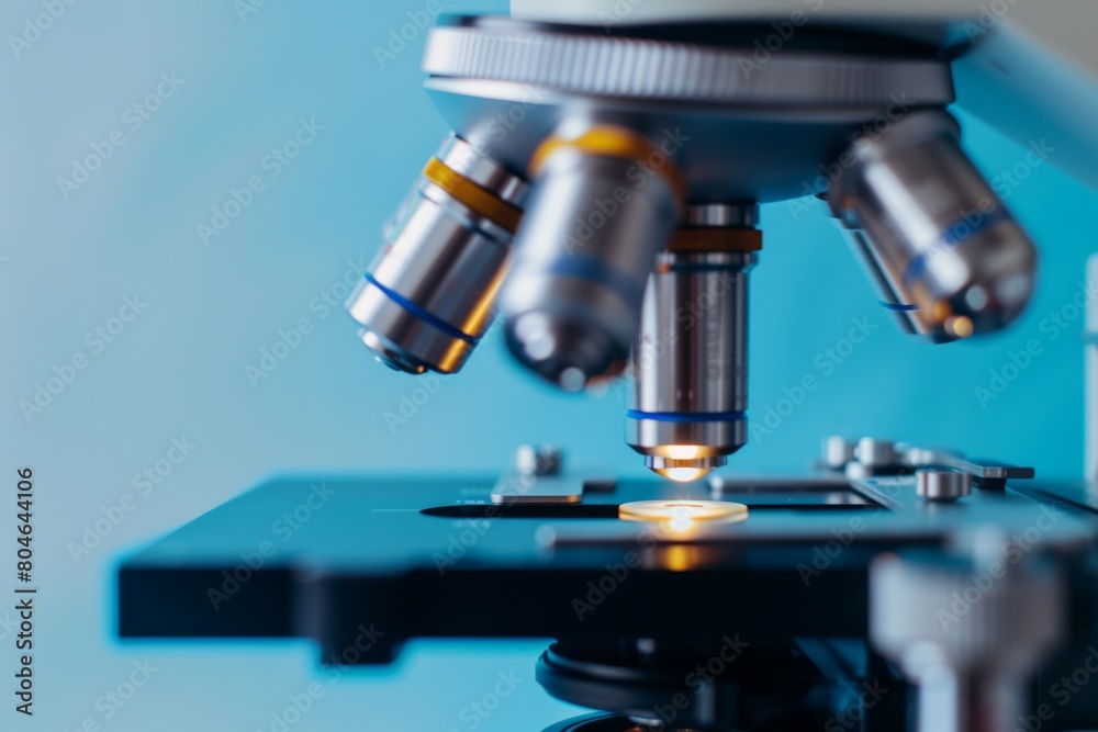 Detailed close-up view of a modern microscope in a scientific laboratory setting Detailed close-up view of a modern microscope in a scientific laboratory setting