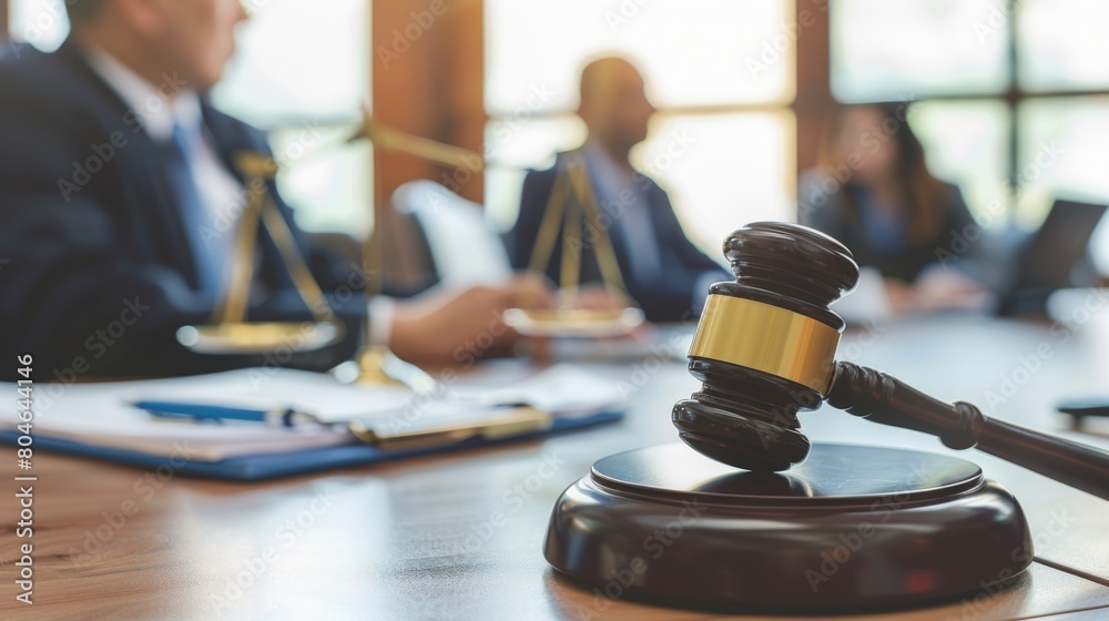Judge gavel with Justice lawyers having team meeting at law firm in background. Concepts of law. Judge gavel with Justice lawyers having team meeting at law firm in background. Concepts of law.