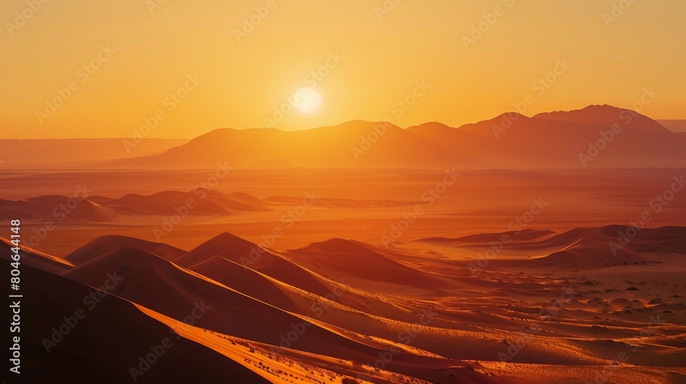 Tranquil sunset casting a warm glow over serene desert dunes