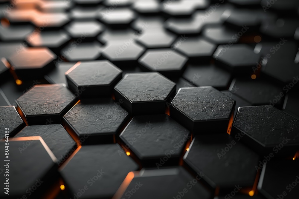 Dark abstract hexagonal shapes with subtle red illumination on their edges creating depth Dark abstract hexagonal shapes with subtle red illumination on their edges creating depth
