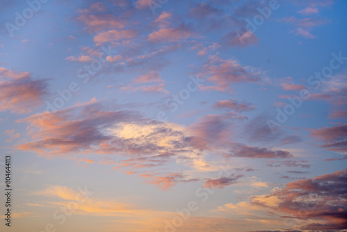 beautiful scenic evening sunset sky, landscape with purple, pink, vanilla, pastel sky with beautiful clouds