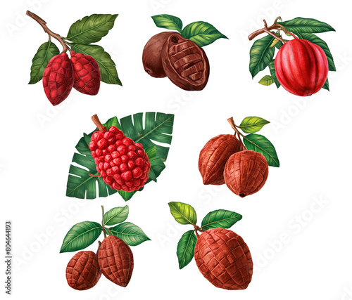 Set fruit exotic. Tropical fruits. Cocoa fruit. (ID: 804644193)