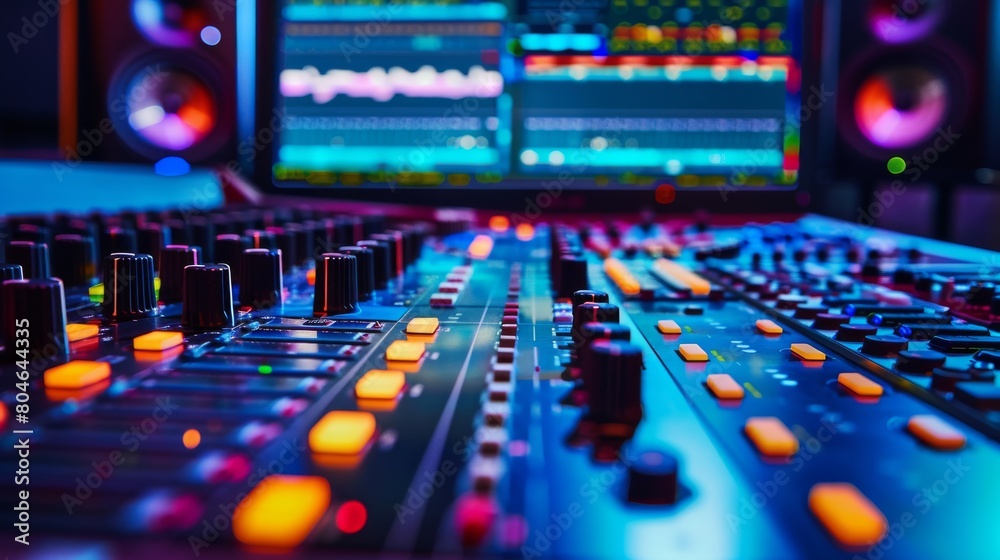 A sound engineer is working at a mixing console in a recording studio.