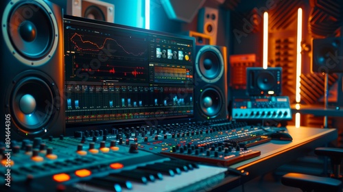 A music producer sits at a mixing console in a recording studio, surrounded by speakers and other equipment. photo