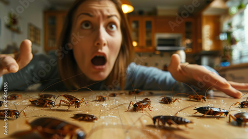 A woman saw a cockroach in the kitchen.