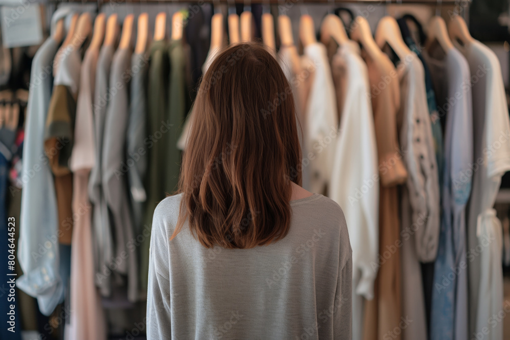 Woman browses clothes on rack in boutique for event outfits. Generative AI