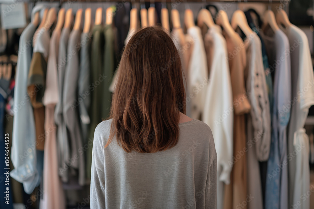 Woman browses clothes on rack in boutique for event outfits. Generative AI Woman browses clothes on rack in boutique for event outfits. Generative AI