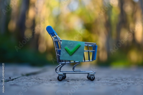 Mini shopping cart with check mark icon outdoors