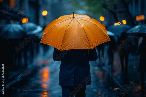 A solitary figure stands in the rain  covered by a bright yellow umbrella  the contrast captures a sense of solitude amidst the stormy weather