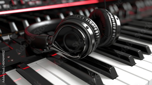 Black headphones rest on the keys of a red and black electronic keyboard.