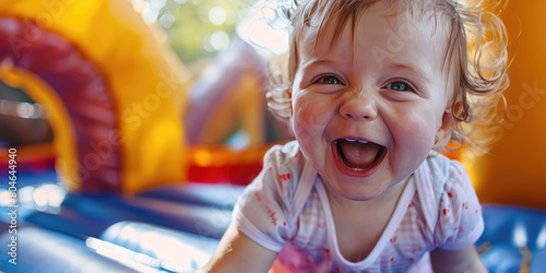 Laughing girl baby having fun on bouncy castle trampoline. Outdoor summer joy. © dinastya