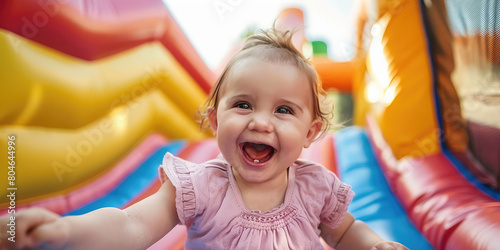 Laughing girl baby having fun on bouncy castle trampoline. Outdoor summer joy. photo