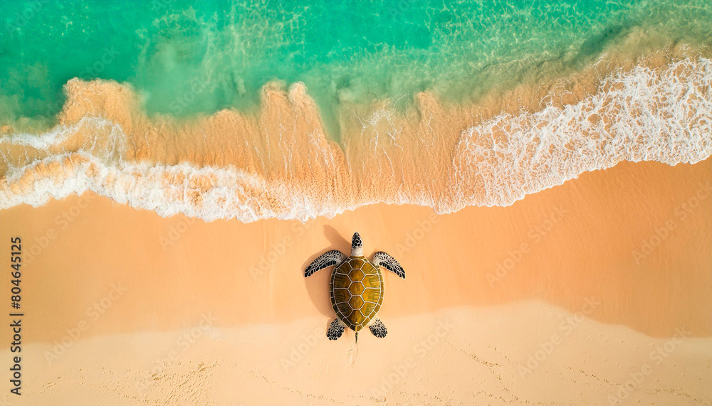 Obraz premium Shot from above sea turtle on golden sand, contrasting turquoise sea, waves