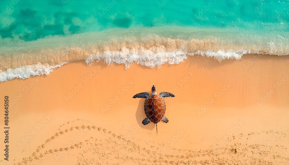 Shot from above sea turtle on golden sand, contrasting turquoise sea, waves Shot from above sea turtle on golden sand, contrasting turquoise sea, waves