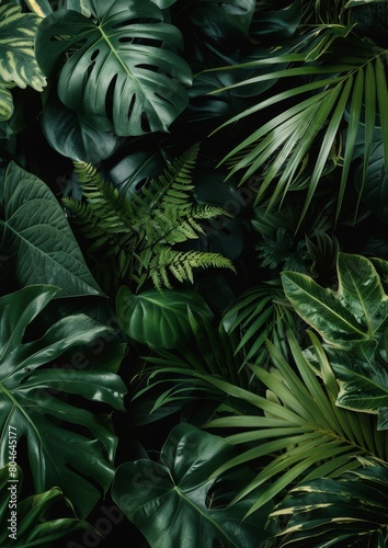 Dark green leaves of tropical plants form a dense, natural background pattern