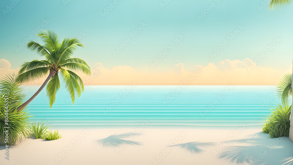 A beautiful beach scene with a palm tree in the foreground