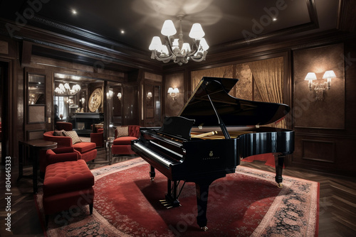 A sophisticated music room with a grand piano, velvet armchairs, and walls lined with soundproofing panels to ensure optimal acoustics.