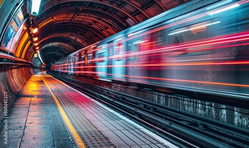 Speeding subway train in motion at city station