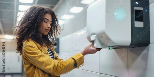 Woman in a public restroom drying her hands under an electric hand dryer.