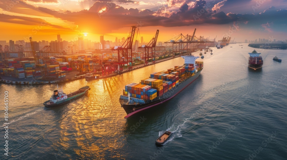 Logistics and transportation of Container Cargo ship and Cargo plane with working crane bridge in shipyard at sunrise,