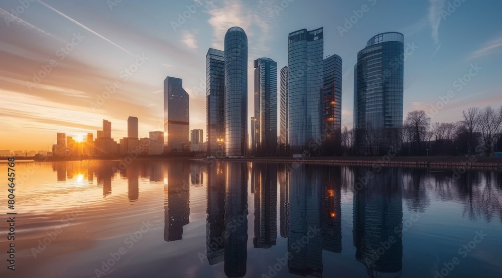 Calm waters reflect a modern city skyline bathed in the warm glow of dawn
