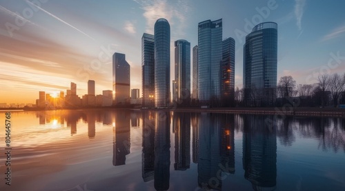 Calm waters reflect a modern city skyline bathed in the warm glow of dawn © Banana Images