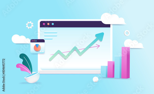 Digital growth on computer screen - Laptop with green arrow pointing up towards success. Financial and statistic rising chart concept in vector illustration with blue background