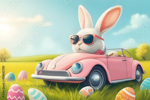 Cute Easter Bunny with sunglasses driving a car filed with easter eggs