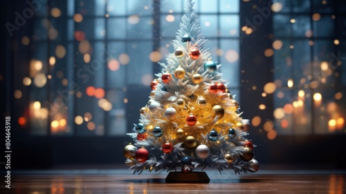 The joyous holiday spirit is brilliantly depicted through a lavishly decorated Christmas tree, radiating warmth amidst twinkling December lights.