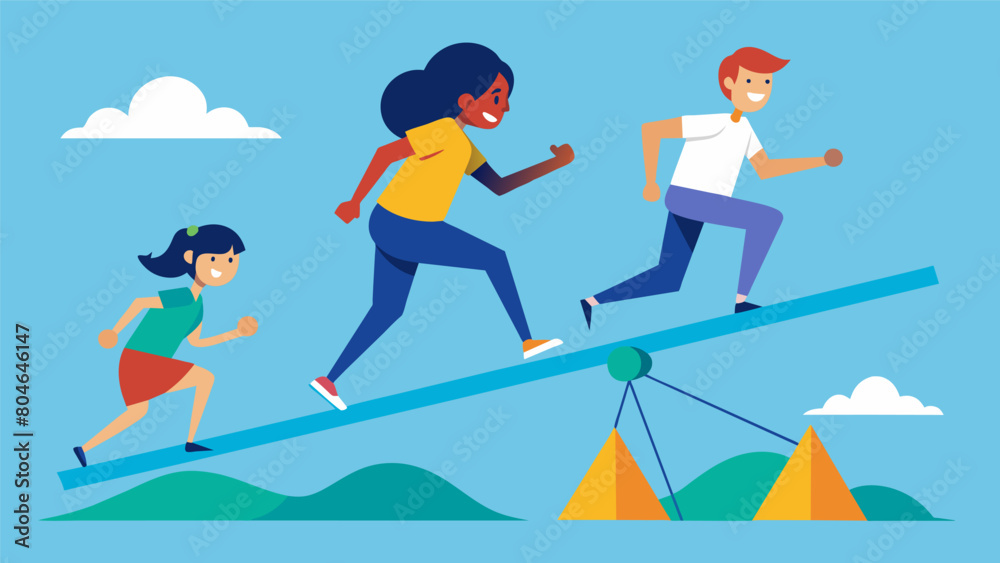 The race gets more challenging as participants must carefully navigate a balance beam while holding their record steady. Vector illustration