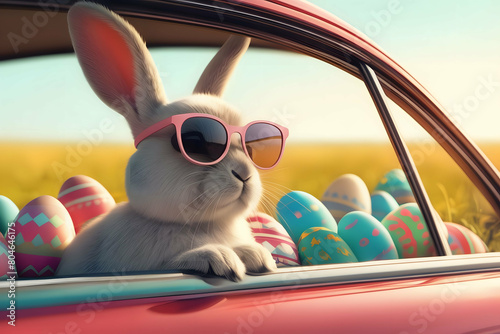 Bunny with sunglasses looking out of a car filed with Easter eggs