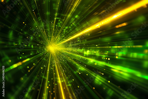 A green and yellow light burst in space.