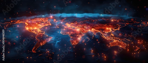 A digital painting of the Earth from space, showing the continents and major cities. The Earth is glowing with a red-orange light, and there are stars and galaxies in the background.