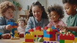 Smiling caregiver plays with diverse group of toddlers using colorful blocks
