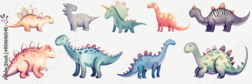 Sticker. a set of watercolor dinosaurs on a white background. Generative AI photo