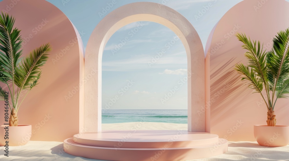 Abstract minimal display podium for showing products or cosmetic presentation with summer beach scene. Summer time, holiday concept