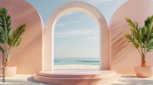 Abstract minimal display podium for showing products or cosmetic presentation with summer beach scene. Summer time, holiday concept
