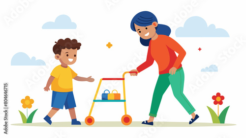 A game of tag being played between a child with autism and a child using a walker with modified rules to accommodate both players.. Vector illustration