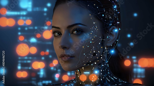 AI cybersecurity threat illustration, American female IT specialist analyzing data information technology, augmented reality artificial intelligence