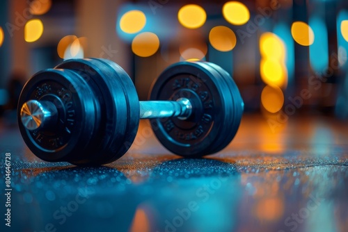 Gym dumbbell on floor with bokeh lights