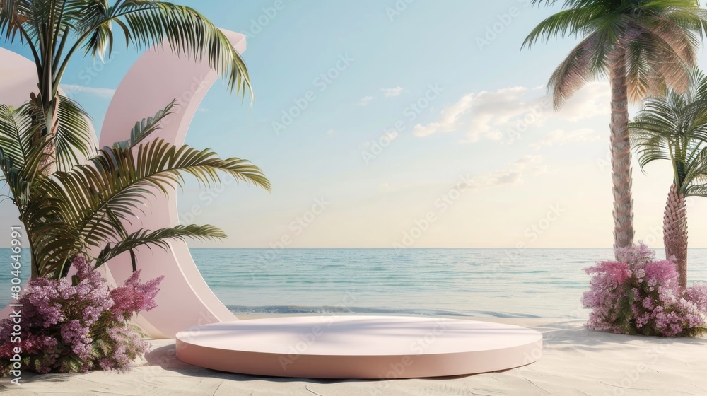 Fototapeta premium Abstract minimal display podium for showing products or cosmetic presentation with summer beach scene. Summer time, holiday concept