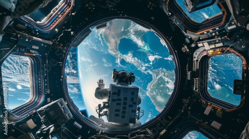 Astronaut capturing spacewalk selfie from capsule window