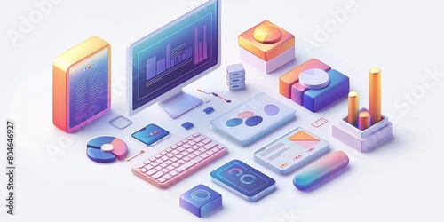 Vibrant, isometric illustration showcasing a modern digital workspace with various tech devices and elements