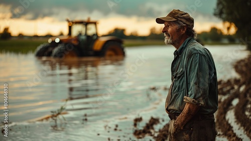 An evocative image capturing a farmer's despair as he cries in his flooded field, with agricultural machinery partially submerged in the background.