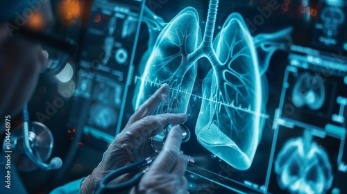 Medical technology diagnostics concept.Medicine doctor and stethoscope working with Human lungs with Ai medical technology photo