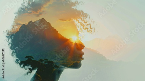 Woman and mountains double exposure at sunset