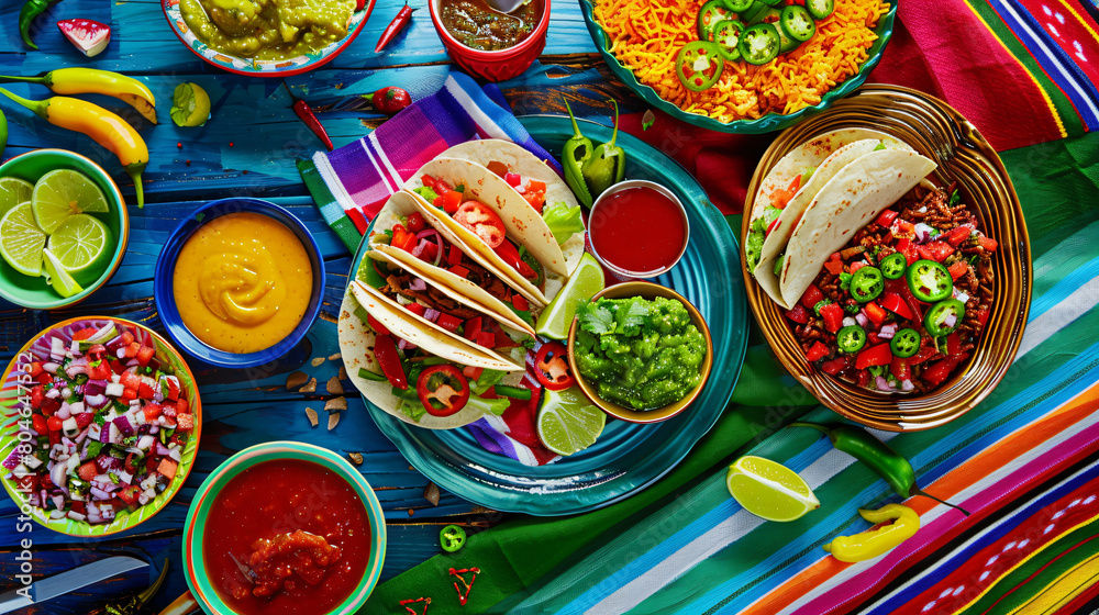 Traditional Mexican fiesta: a festive plate filled with tacos, salsa, guacamole, cilantro-lime rice, and vibrant toppings like sliced jalapeños and lime wedges Traditional Mexican fiesta: a festive plate filled with tacos, salsa, guacamole, cilantro-lime rice, and vibrant toppings like sliced jalapeños and lime wedges