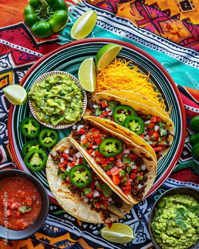 Traditional Mexican fiesta: a festive plate filled with tacos, salsa, guacamole, cilantro-lime rice, and vibrant toppings like sliced jalapeños and lime wedges